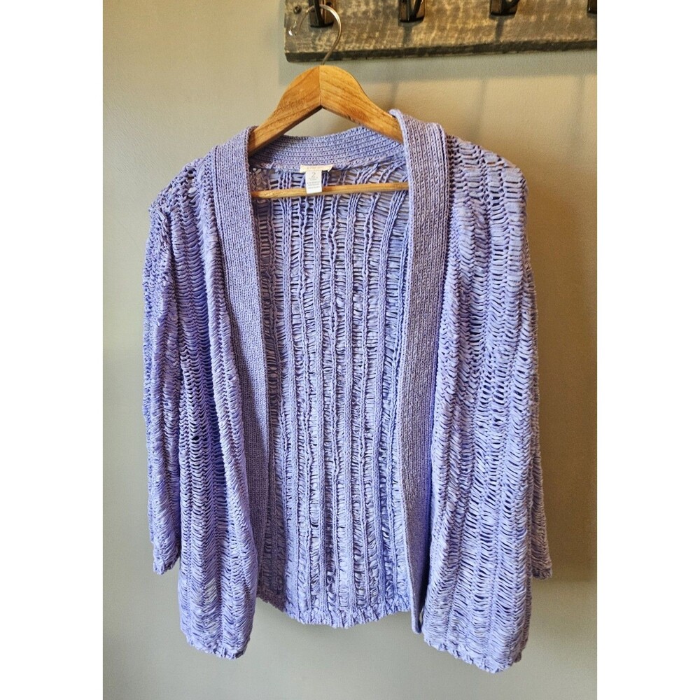 Chicos Textured Open Ribbon Knit Cardigan Sweater Large Periwinkle Cottage Artsy